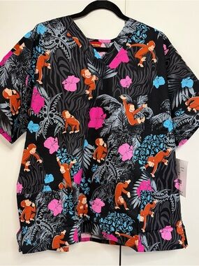 Curious George Cotton Scrubs XL Black Pink Blue Floral Scrub Top